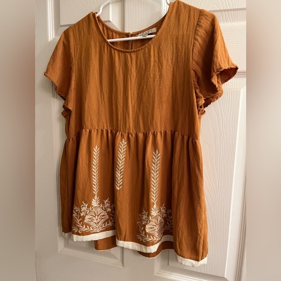POLAGRAM~BROWN EMBROIDERED ~BABY DOLL TOP~ - Picture 2 of 11